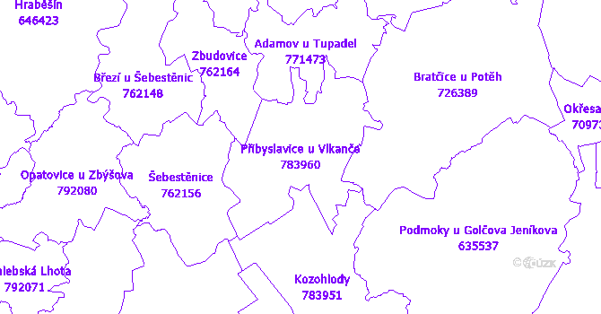 Katastrální mapa Přibyslavice u Vlkanče - přehledová mapa katastrálního území