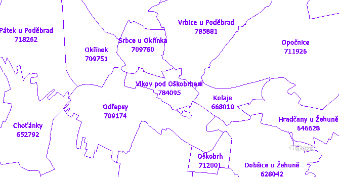 Katastrální mapa Vlkov pod Oškobrhem - přehledová mapa katastrálního území