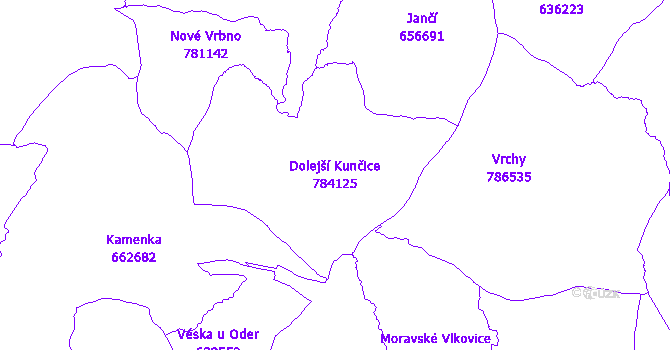 Katastrální mapa Dolejší Kunčice - přehledová mapa katastrálního území