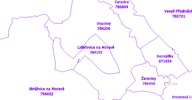 Katastrální mapa Lidéřovice na Moravě - přehledová mapa katastrálního území
