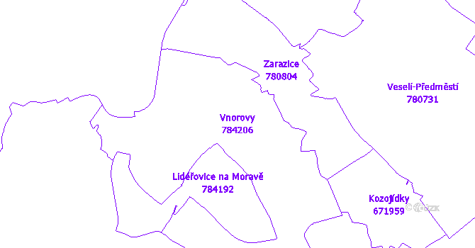 Katastrální mapa Vnorovy - přehledová mapa katastrálního území