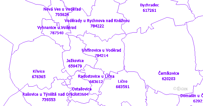 Katastrální mapa Uhřínovice u Voděrad - přehledová mapa katastrálního území