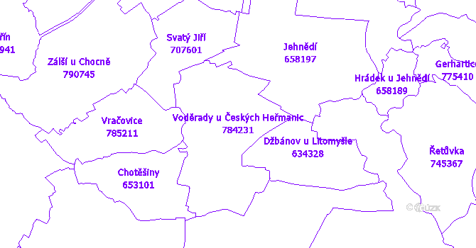 Katastrální mapa Voděrady u Českých Heřmanic - přehledová mapa katastrálního území