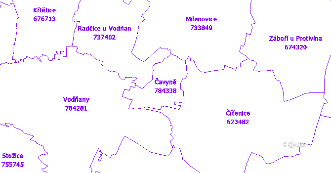 Katastrální mapa Čavyně - přehledová mapa katastrálního území