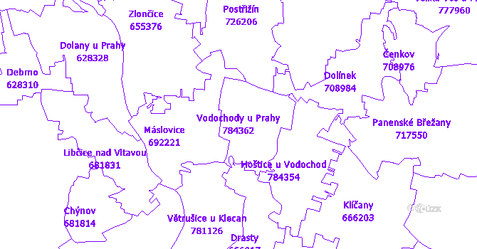 Katastrální mapa Vodochody u Prahy - přehledová mapa katastrálního území