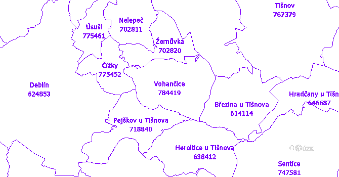 Katastrální mapa Vohančice - přehledová mapa katastrálního území