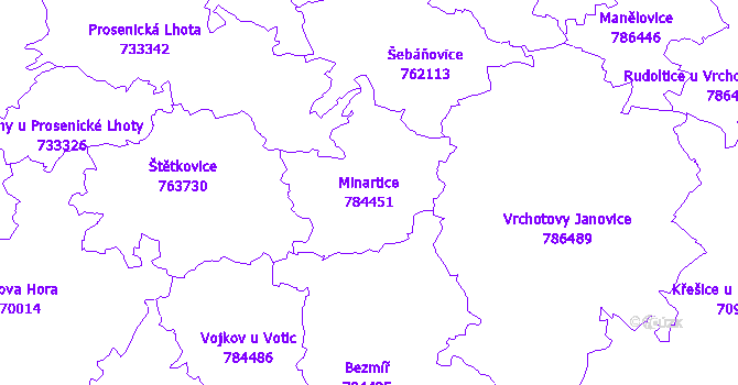 Katastrální mapa Minartice - přehledová mapa katastrálního území