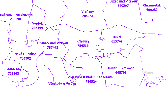 Katastrální mapa Křivousy - přehledová mapa katastrálního území
