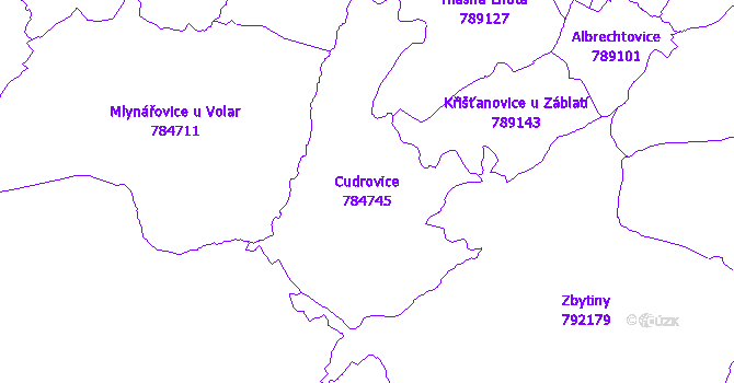 Katastrální mapa Cudrovice - přehledová mapa katastrálního území