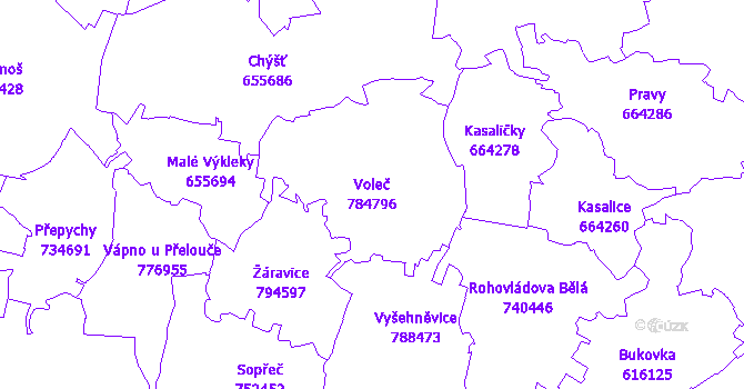 Katastrální mapa Voleč - přehledová mapa katastrálního území