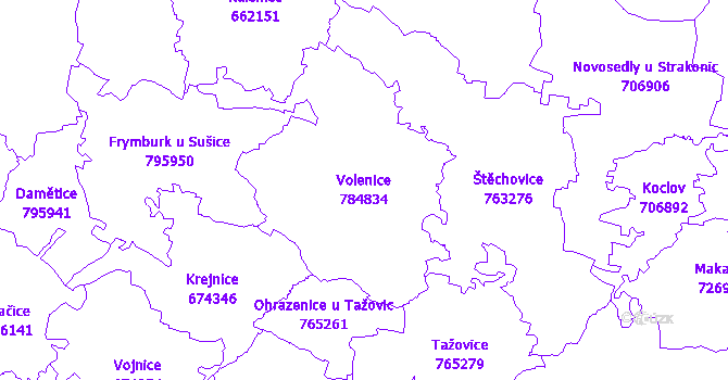 Katastrální mapa Volenice - přehledová mapa katastrálního území