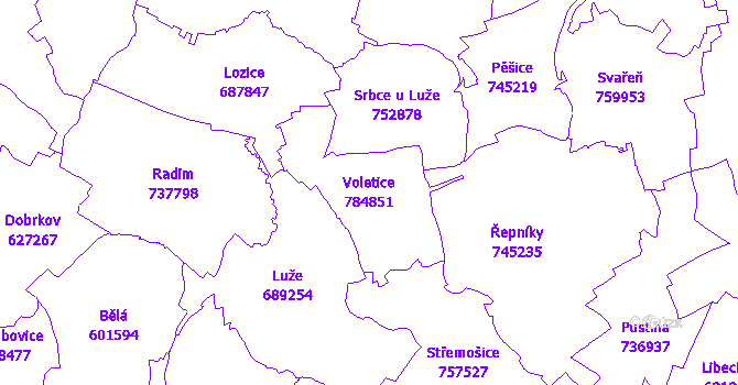 Katastrální mapa Voletice - přehledová mapa katastrálního území