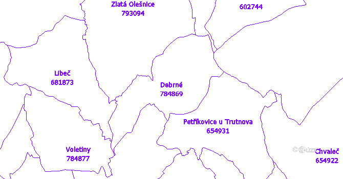 Katastrální mapa Debrné - přehledová mapa katastrálního území
