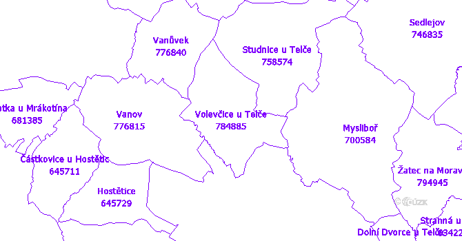 Katastrální mapa Volevčice u Telče - přehledová mapa katastrálního území