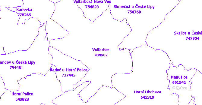 Katastrální mapa Volfartice - přehledová mapa katastrálního území
