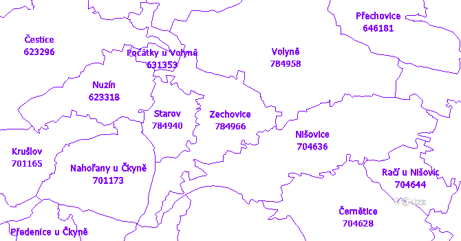 Katastrální mapa Zechovice - přehledová mapa katastrálního území