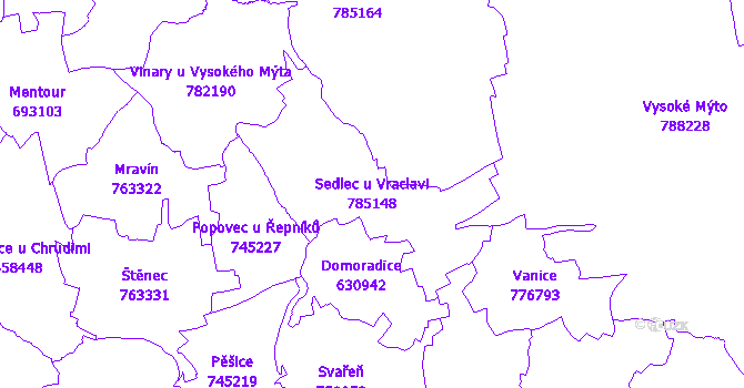 Katastrální mapa Sedlec u Vraclavi - přehledová mapa katastrálního území