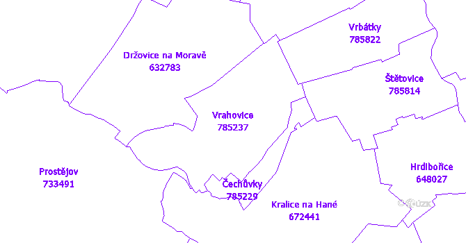 Katastrální mapa Vrahovice - přehledová mapa katastrálního území