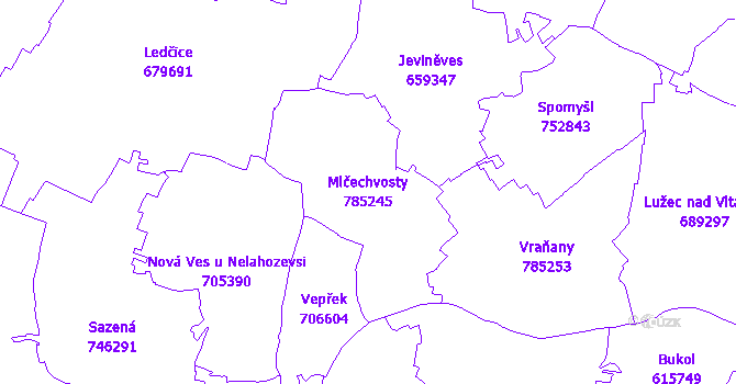 Katastrální mapa Mlčechvosty - přehledová mapa katastrálního území
