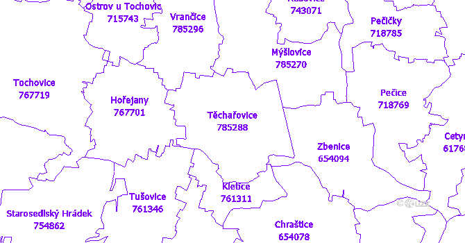 Katastrální mapa Těchařovice - přehledová mapa katastrálního území