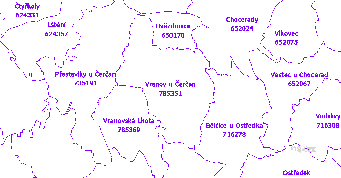 Katastrální mapa Vranov u Čerčan - přehledová mapa katastrálního území