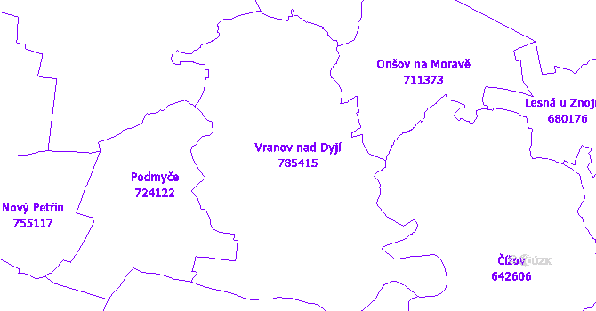 Katastrální mapa Vranov nad Dyjí - přehledová mapa katastrálního území