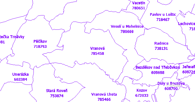 Katastrální mapa Vranová - přehledová mapa katastrálního území