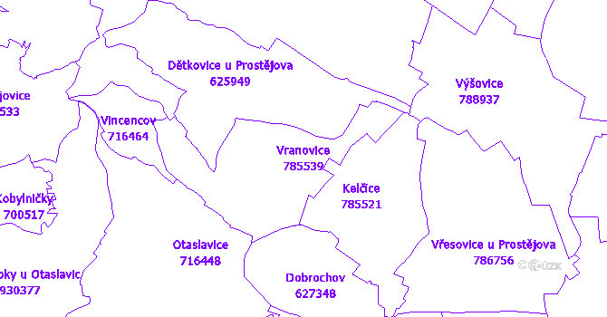 Katastrální mapa Vranovice - přehledová mapa katastrálního území