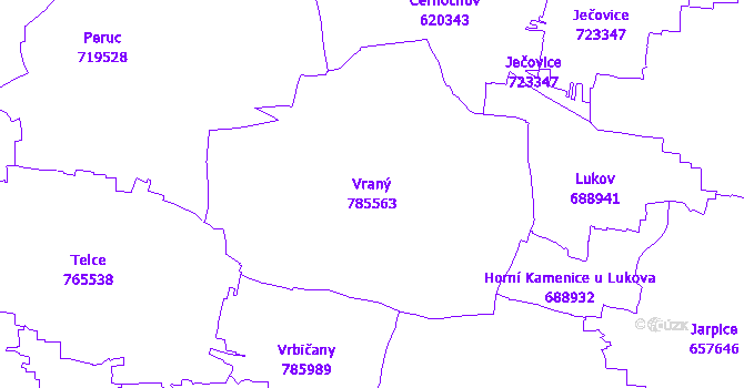 Katastrální mapa Vraný - přehledová mapa katastrálního území