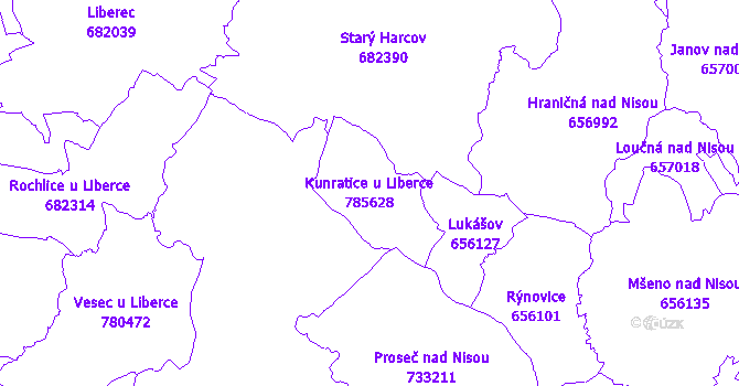 Katastrální mapa Kunratice u Liberce - přehledová mapa katastrálního území