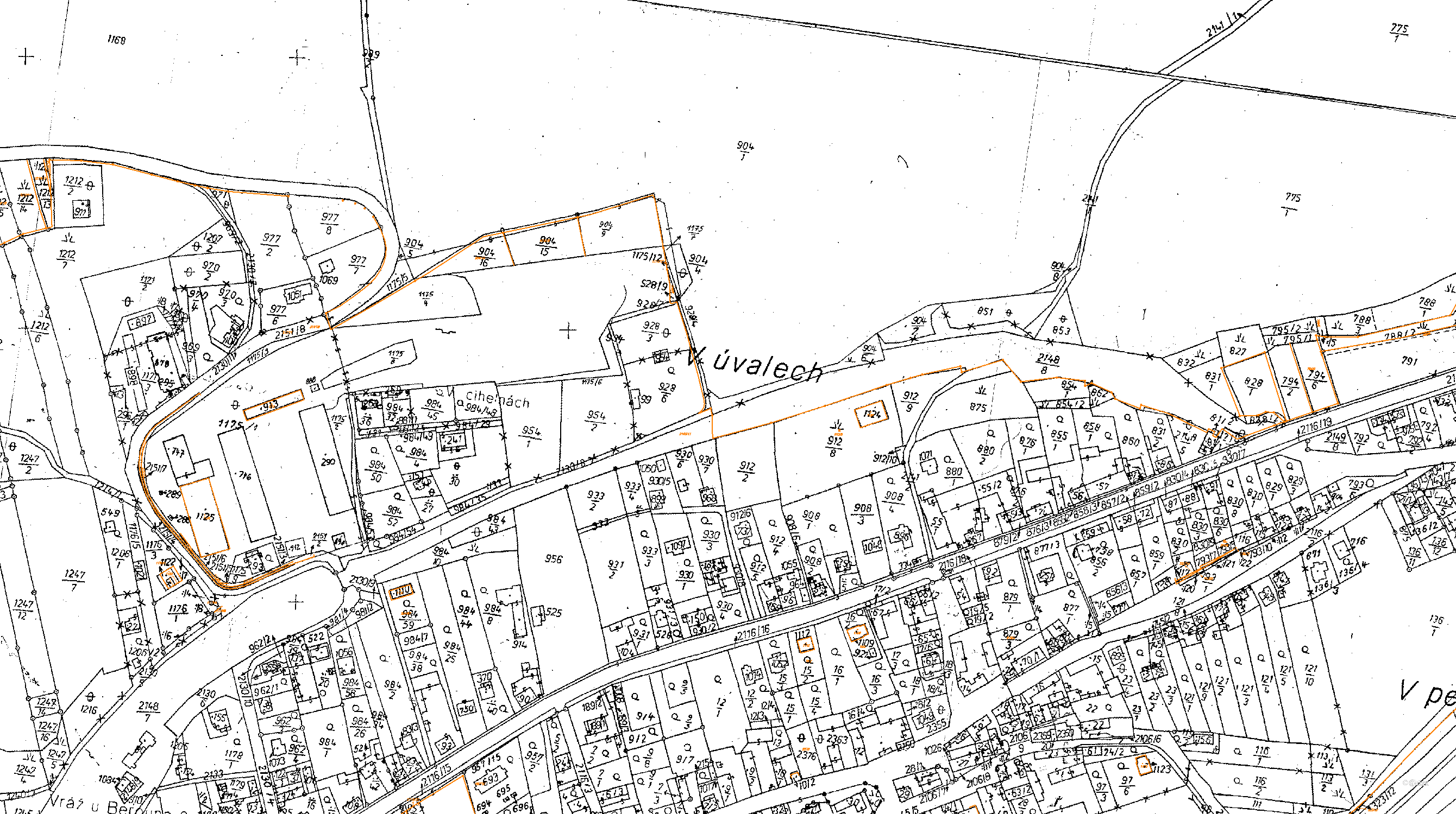 Katastrální mapa pozemků a čísla parcel Vráž u Berouna