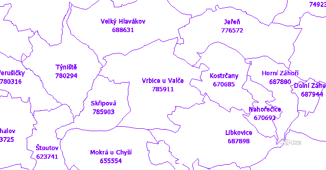 Katastrální mapa Vrbice u Valče - přehledová mapa katastrálního území