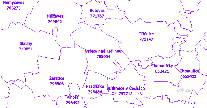 Katastrální mapa Vrbice nad Cidlinou - přehledová mapa katastrálního území