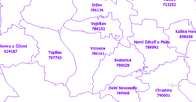 Katastrální mapa Vrcovice - přehledová mapa katastrálního území
