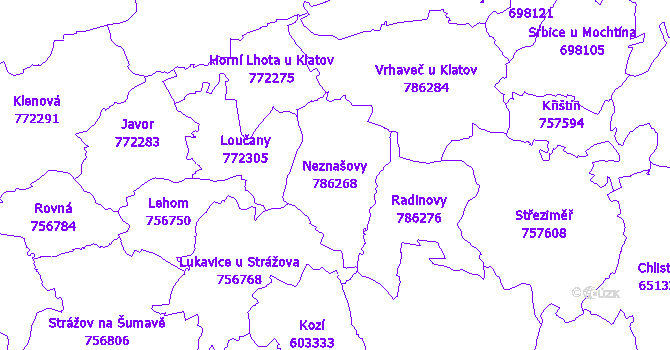 Katastrální mapa Neznašovy - přehledová mapa katastrálního území