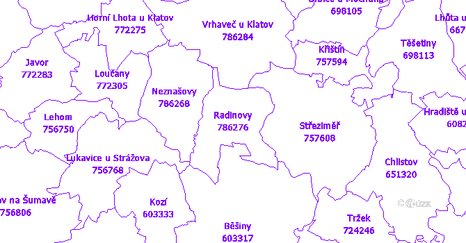 Katastrální mapa Radinovy - přehledová mapa katastrálního území