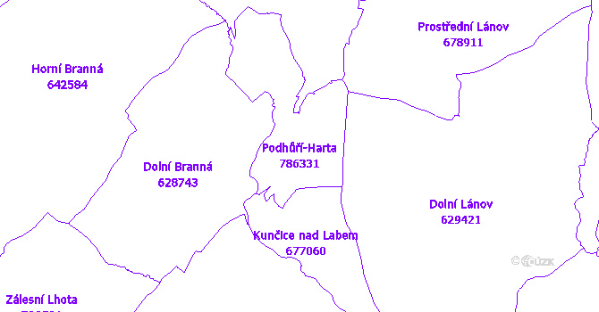 Katastrální mapa Podhůří-Harta - přehledová mapa katastrálního území