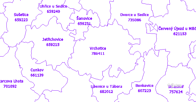 Katastrální mapa Vrchotice - přehledová mapa katastrálního území