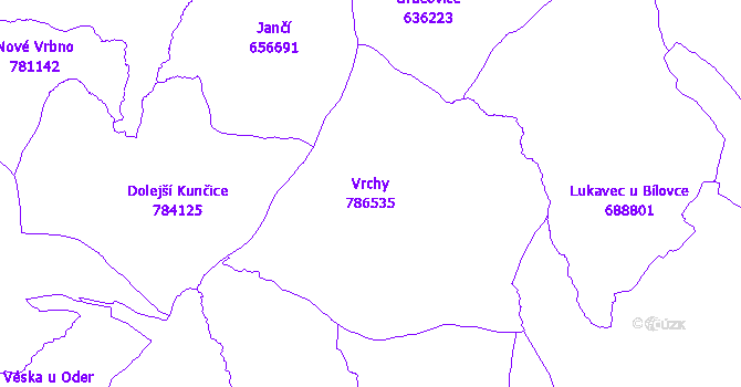 Katastrální mapa Vrchy - přehledová mapa katastrálního území