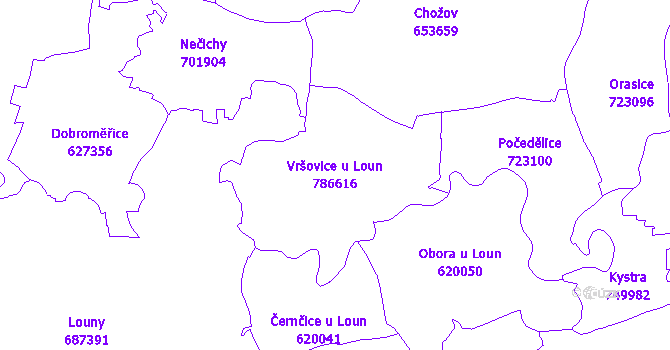 Katastrální mapa Vršovice u Loun - přehledová mapa katastrálního území