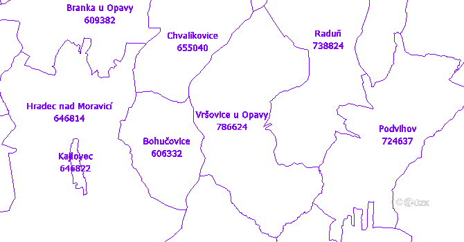 Katastrální mapa Vršovice u Opavy - přehledová mapa katastrálního území