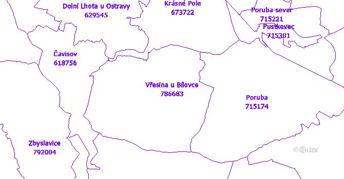 Katastrální mapa Vřesina u Bílovce - přehledová mapa katastrálního území