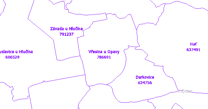 Katastrální mapa Vřesina u Opavy - přehledová mapa katastrálního území