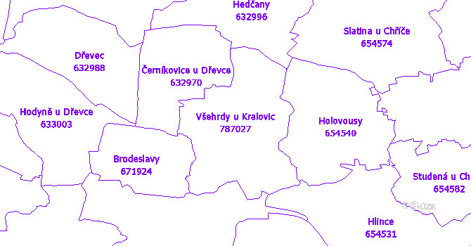Katastrální mapa Všehrdy u Kralovic - přehledová mapa katastrálního území