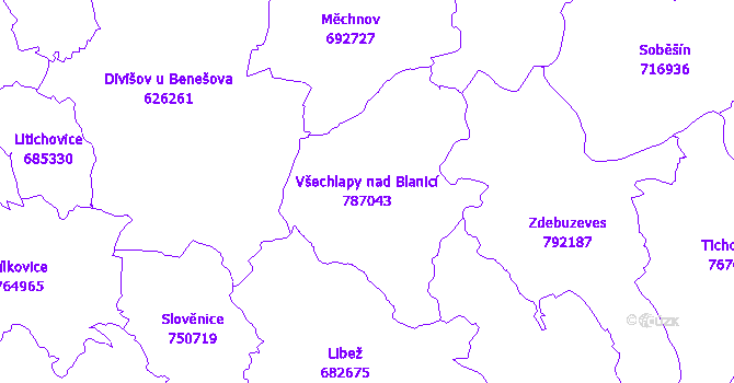 Katastrální mapa Všechlapy nad Blanicí - přehledová mapa katastrálního území