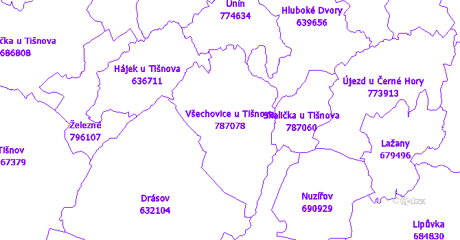 Katastrální mapa Všechovice u Tišnova - přehledová mapa katastrálního území