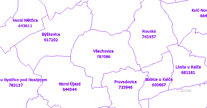Katastrální mapa Všechovice - přehledová mapa katastrálního území