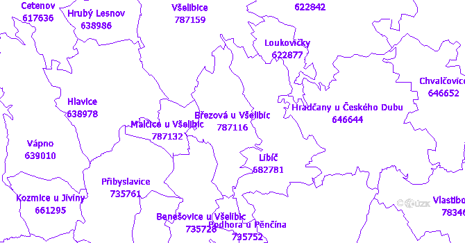 Katastrální mapa Březová u Všelibic - přehledová mapa katastrálního území