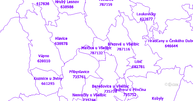 Katastrální mapa Malčice u Všelibic - přehledová mapa katastrálního území
