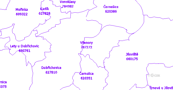Katastrální mapa Všenory - přehledová mapa katastrálního území